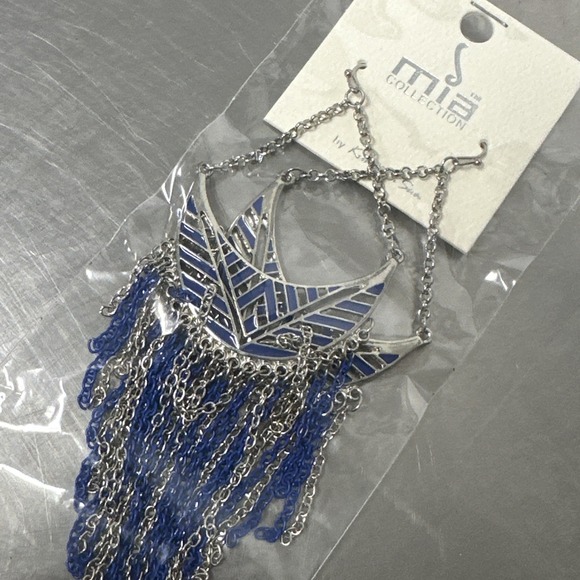 MIA Jewelry - Mia Collection Silver Blue Fringe Dangle Earrings Fashion Jewelry Crescent Moon